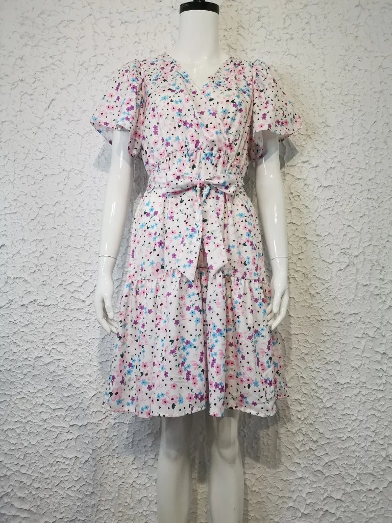 

2021 New Summer Sexy V-Neck Dress for Femme Printed with Short Sleeves Belt Bohemian Fashion Dresses for Women Party