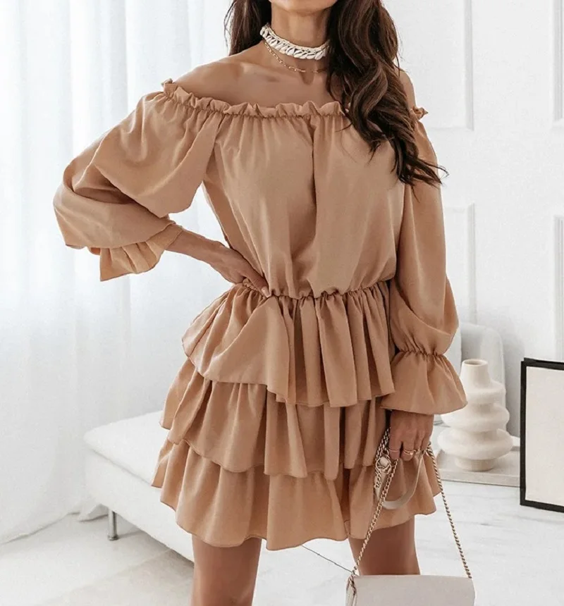 

Elegant Women Dresses 2021 Fall New Hot Sale Solid One-line Neck Off Shoulder Ruffle Long Sleeve Multiple hem A-line Mini Dress