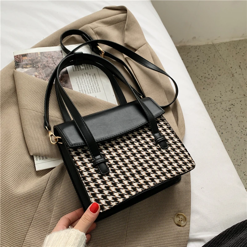 

New Fashion Houndstooth WOOL and PU Shoulder Bag Womens Designer Crossbody Bags for Women Luxury Handbag