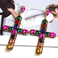 new design vintage long metal colorful crystal cross drop earrings high quality glass pendant jewelry accessories for women