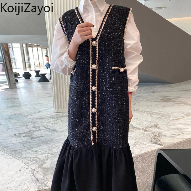 Koijizayoi Spring Women Tweed Long Vest Dress Elegant Beading Single Breasted Dressses Long Sleeve White Shirts Ruffle Suit 2022