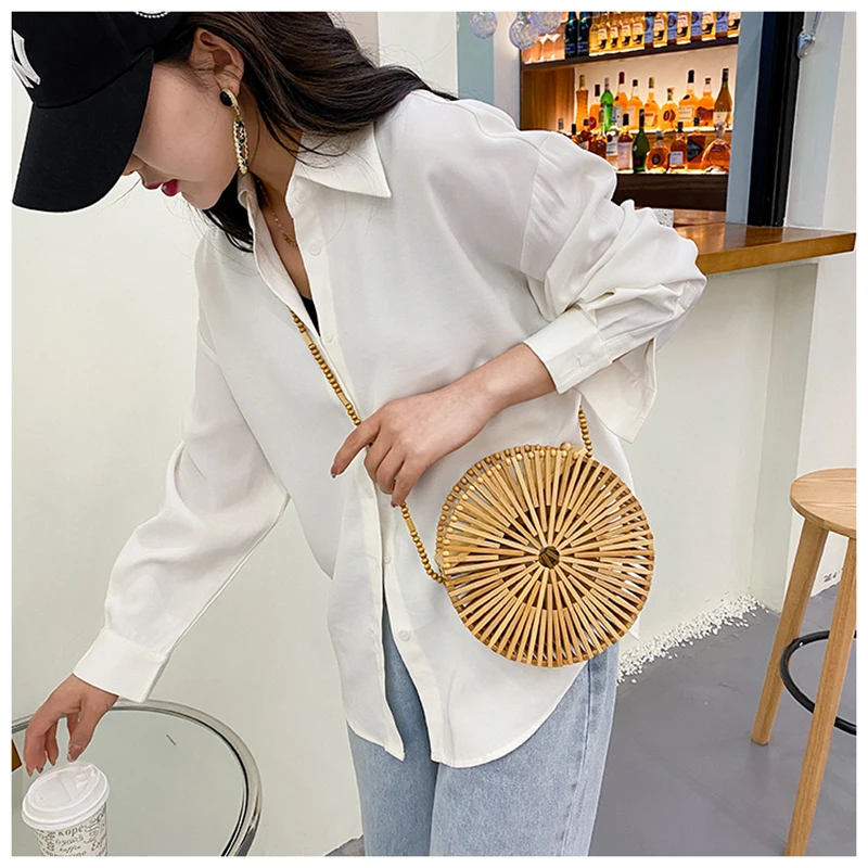 

Bohemia Women Shoulder Bags Round Bamboo Woven Handbags Summer Straw Beach Bag Designer Crossbody Bag Luxury Female Bag Bali Box