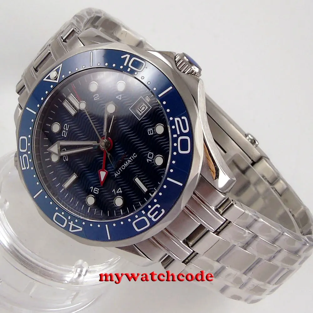 Циферблат BLIGER GMT 41 мм синий циферблат сапфировое стекло вращающаяся рамка окошко