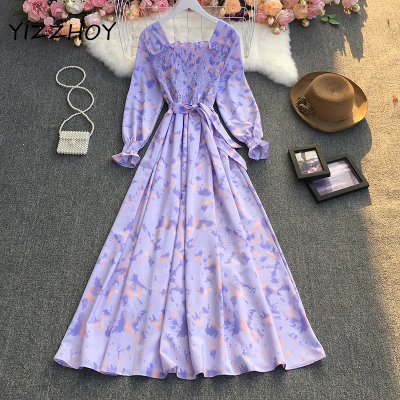 

YIZZHOY Casual Female Bandage High Waist A-line Long Dress Spring Women Vintage Square Collar Printing Long Sleeve Dresses