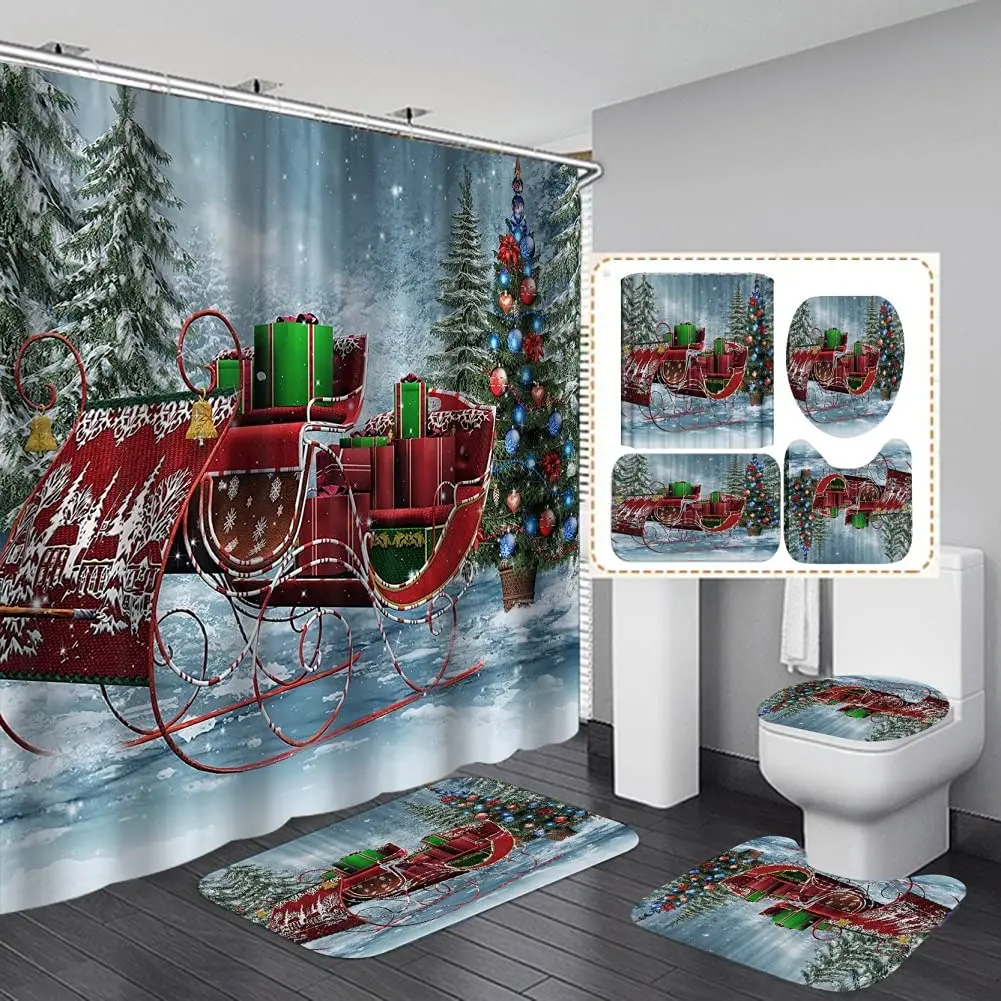

Merry Christmas Print Shower Curtain Set Carpet Cover Toilet Cover Bathroom Mat Cushion Cover Bathroom Curtain Household