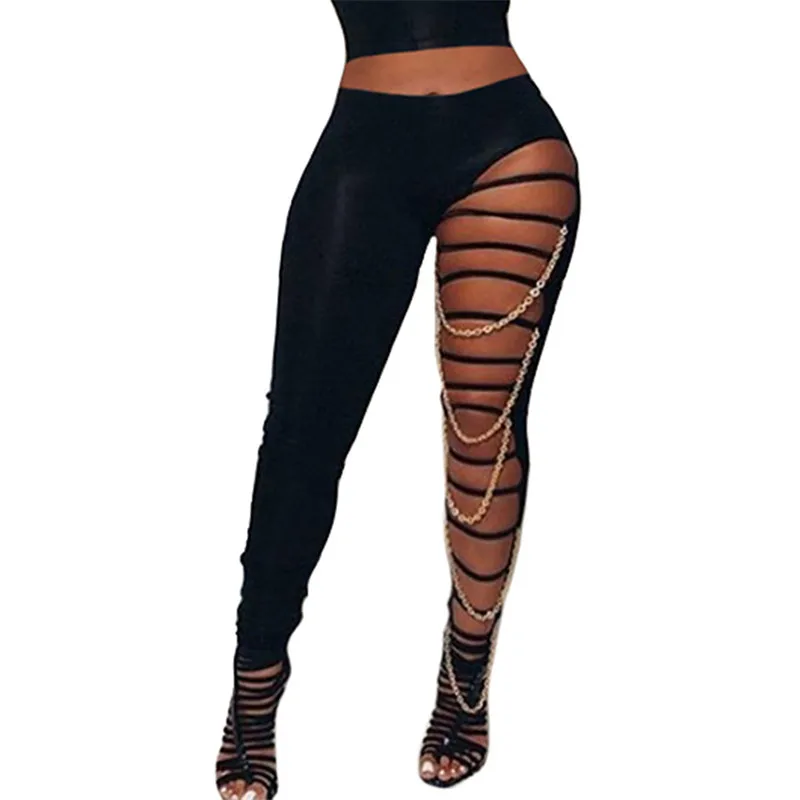 

Fashion Chain Pants Leggings 2021 Sexy Women Hollow Out Trousers Black High Waist Bodycon Slim Clubwear Streetwear