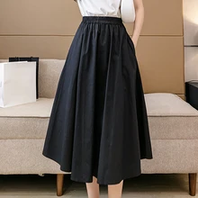 Summer Preppy Style Skirts Womens Solid Elastic High Waist Casual Midi Skirt Female Korean Fashion All-match A-Line Black Skirt