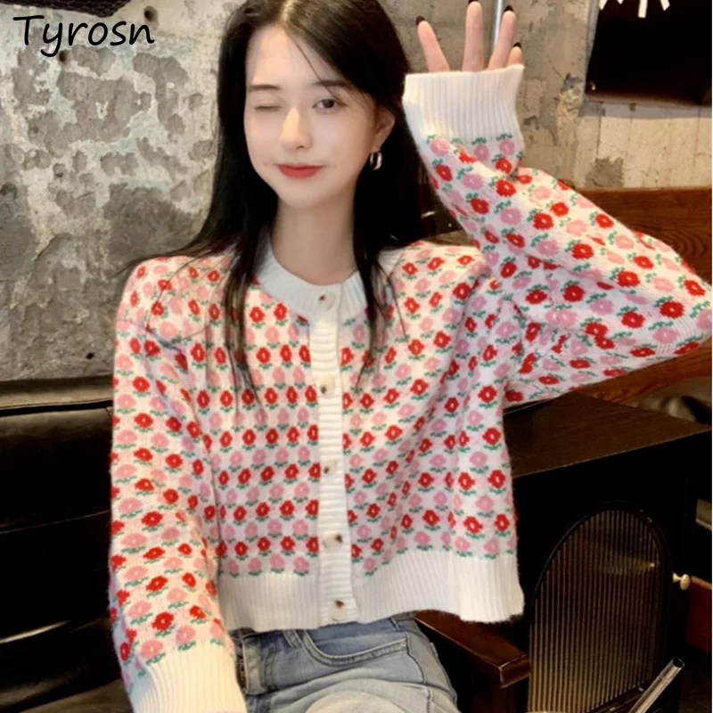 

Women Cardigans Sweet Girls Floral Sweaters Single Breasted O-neck Tricot Kawaii Ulzzang Students All-match Femme Cropped Coats