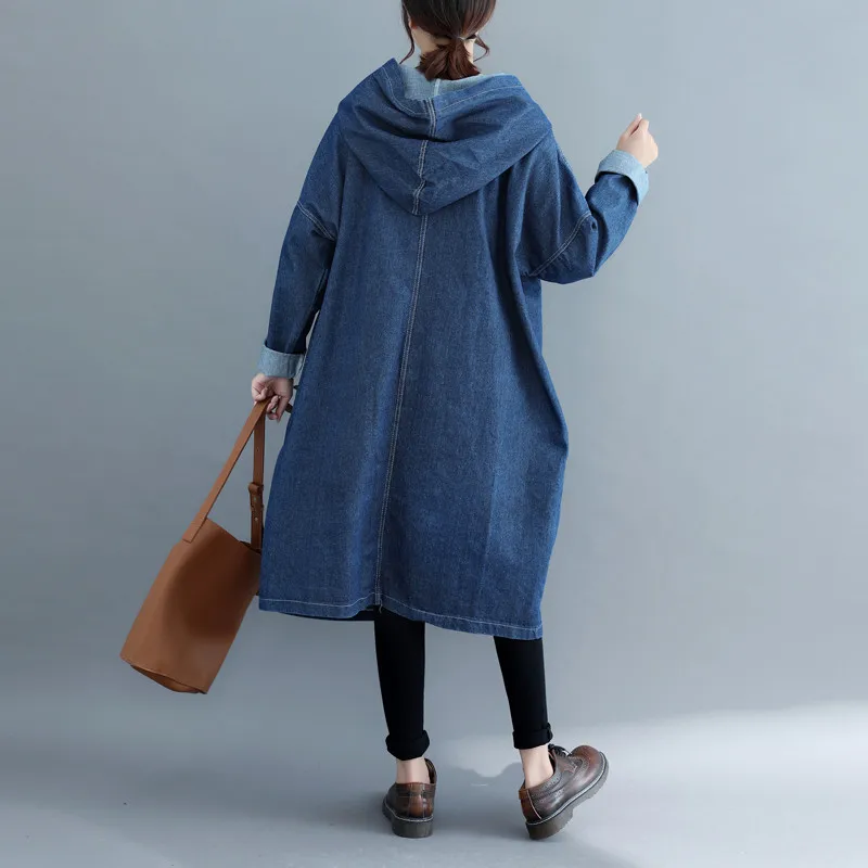 

Loose Large Size Hooded Denim Trench Coat For Women Long Sleeve Autumn Long Trench Coat Single-Breasted Casual Windbreaker C6355