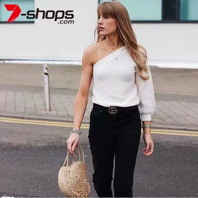 Женский вязаный свитер AECU белый на одно плечо Повседневная Уличная одежда |