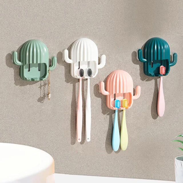 Cute Cactus Toothbrush Holder Desert Plant Punch Free Wall Mounted Toothbrush Rack Space Saving Shelf Bathroom Organization