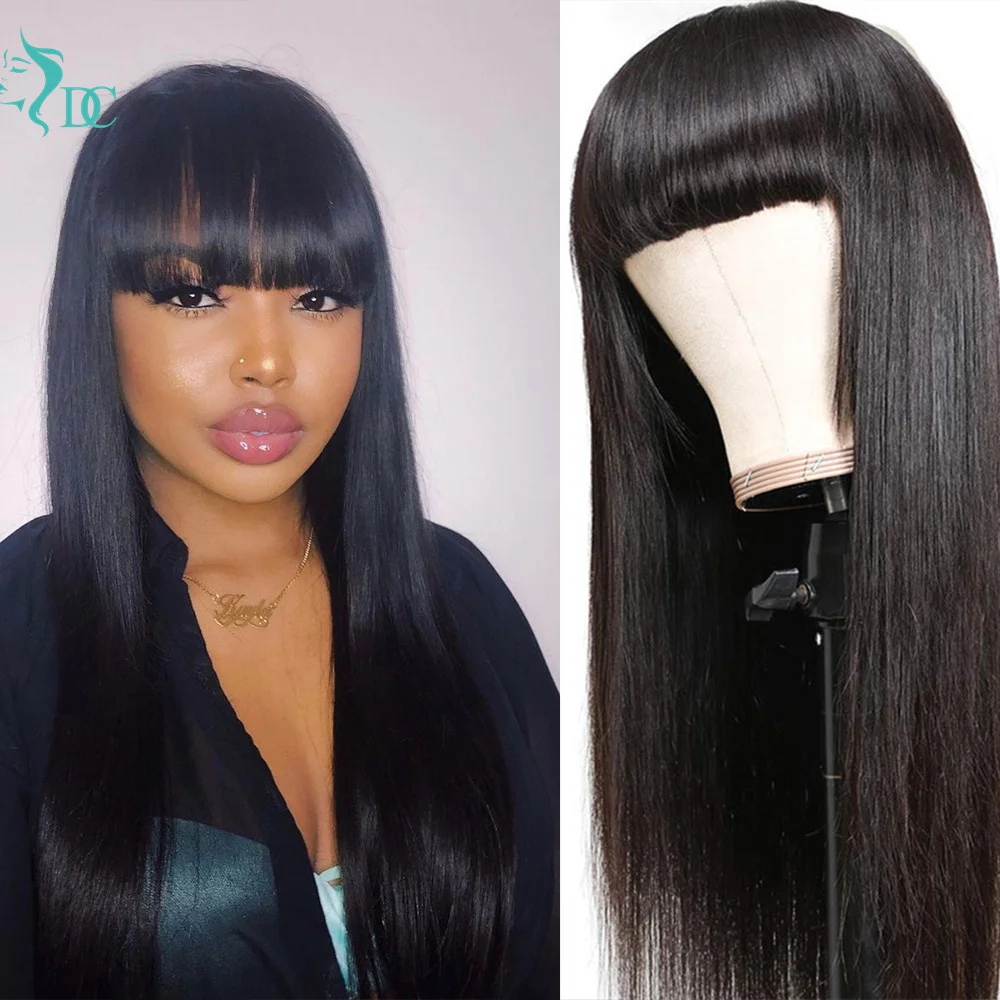 

28 Inch Straight Human Hair Wigs With Bangs Brazilian Remy 100% Human Hair Wig Full Machine Made Fringe Wig For Black Women