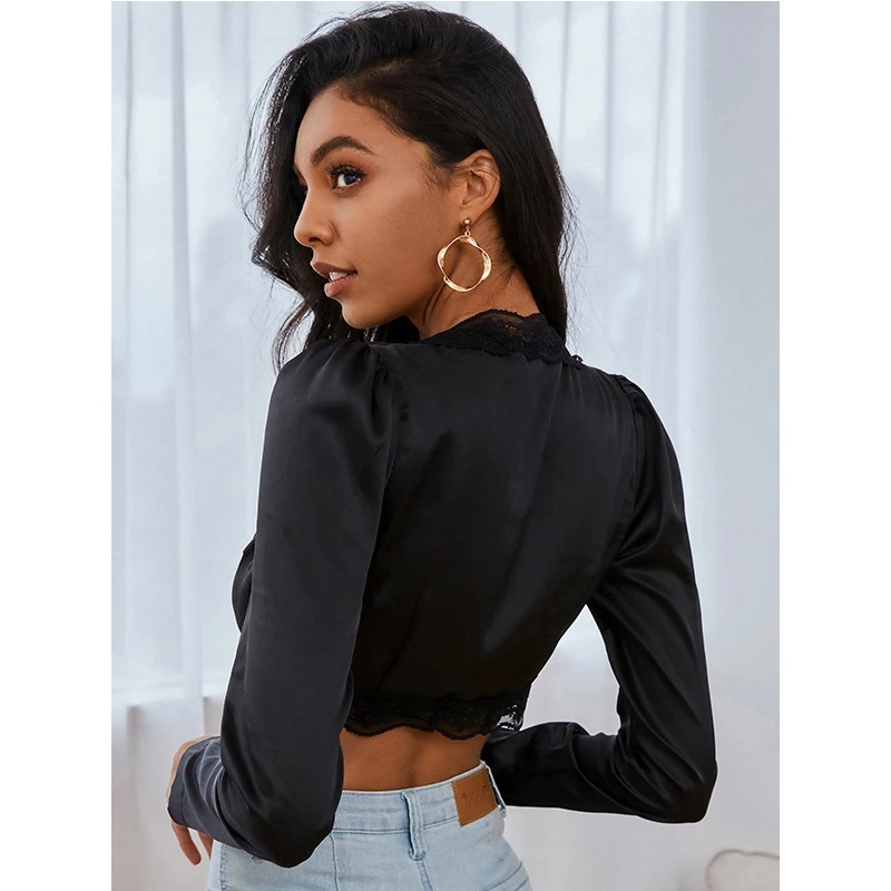 

Crop Top Long Sleeve T-shirt Women Summer Spring Lace Patchwork T Shirt V Neck Lace Up Tops Women Deep V-Neck Top Sexy Clubwear