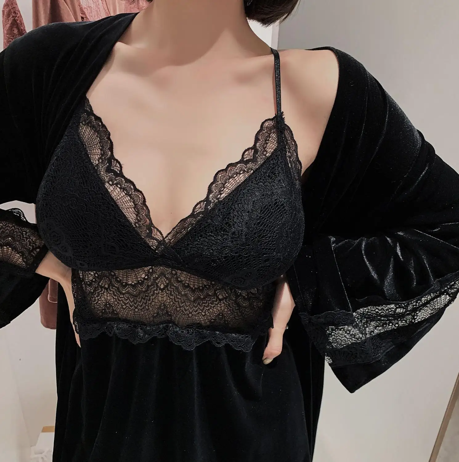 2 шт. сексуальный бархатный халат с поясом Женский Атласный пижамный комплект