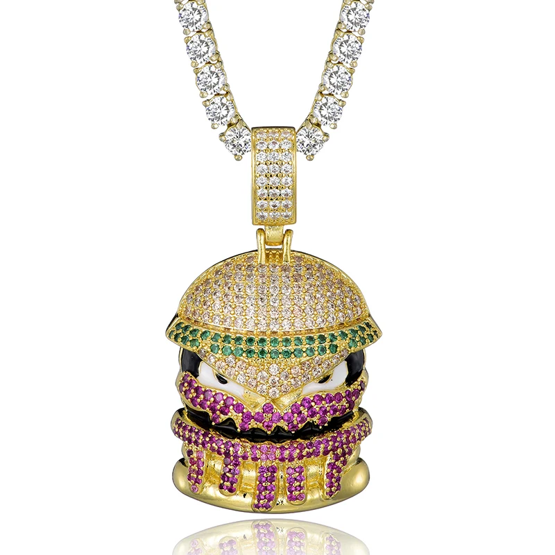 Хип-хоп Bling Hamburger Iced Cubic Zircon мужские ожерелья и подвески ювелирные изделия