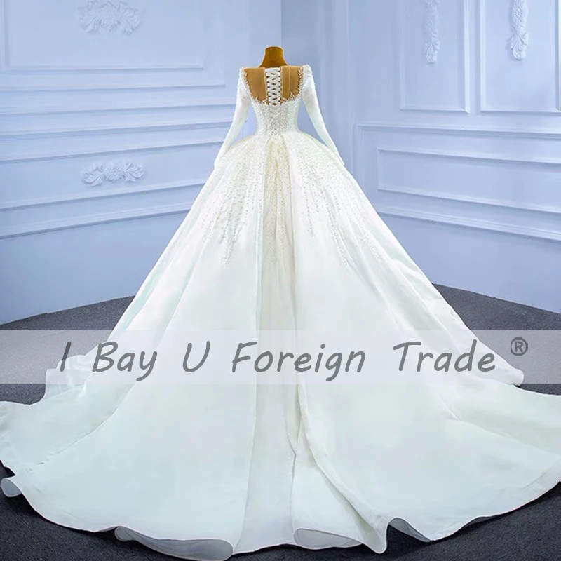 100% Real Photo Vintage Pearl Wedding Dress 2021 Casamento Long Sleeve Beading Lace Bridal Gowns Lace Up