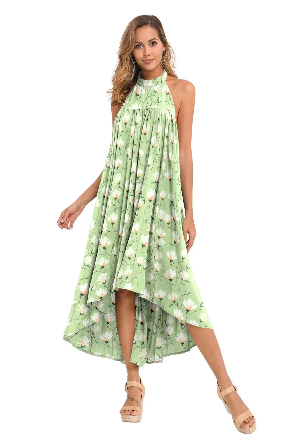 

Women's dress with open back and neck and irregular swing print