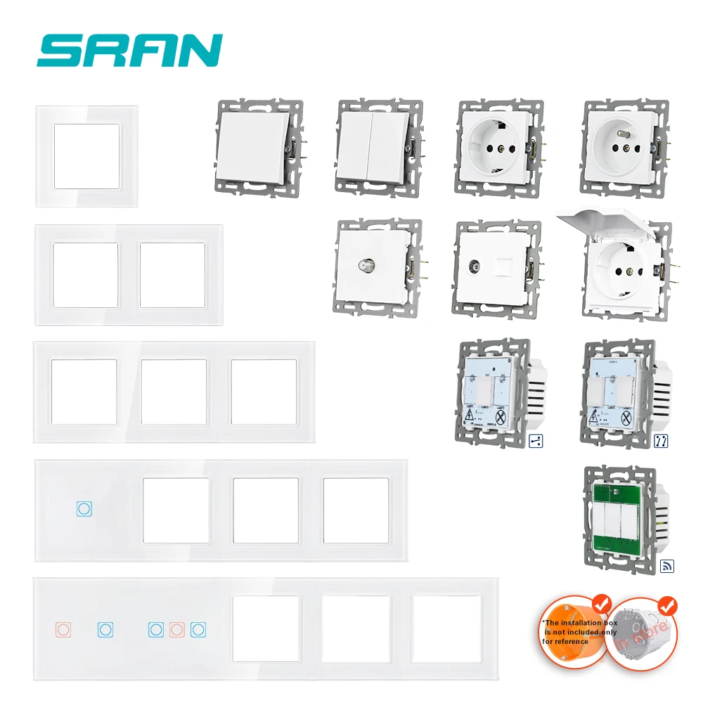 Белая стеклянная панель SRAN серии F6, настенный выключатель, европейские французские электрические розетки, USB-розетка, ТВ RJ45, сенсорный модуль «сделай сам»