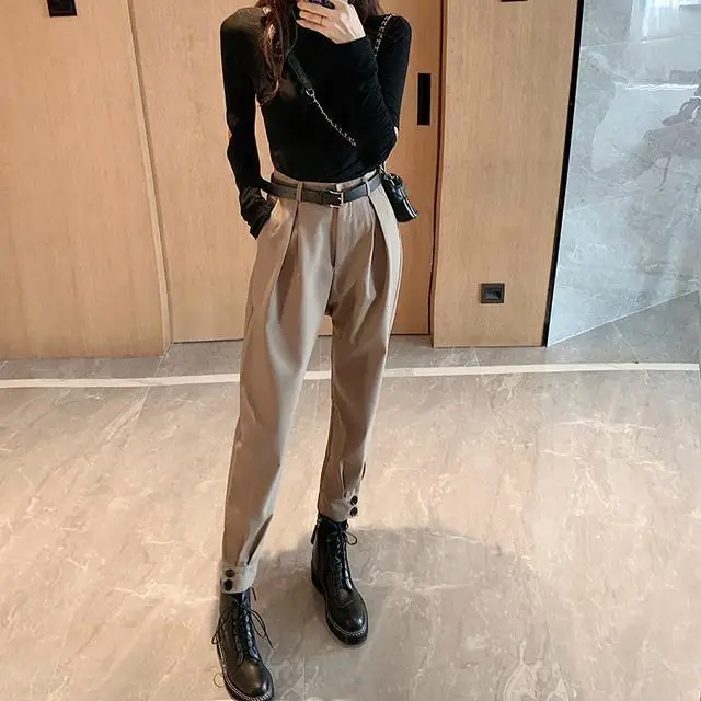 

2020 New Spring Summer Women Zipper Fly Sashes High Waist Trousers Female Safari Style Button Beam Feet Pleated Pencil Pants N35