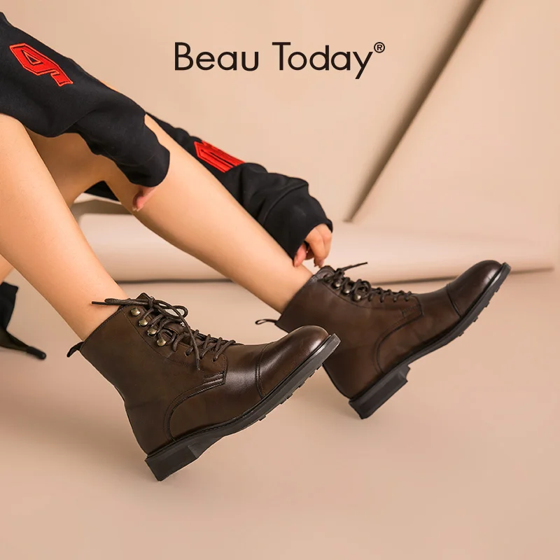 

Ботинки женские из натуральной коровьей кожи, на шнуровке, с круглым носком, ручная работа, Осень-зима, 03086