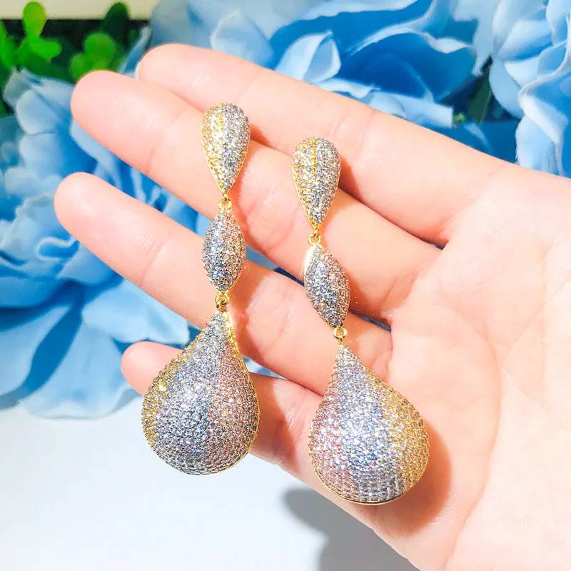 

QooLady Gorgeous Balloon 3 Tone Gold Color Indian Luxury Wedding Jewelry Micro Pave CZ Long Dangle Earrings for Women E132