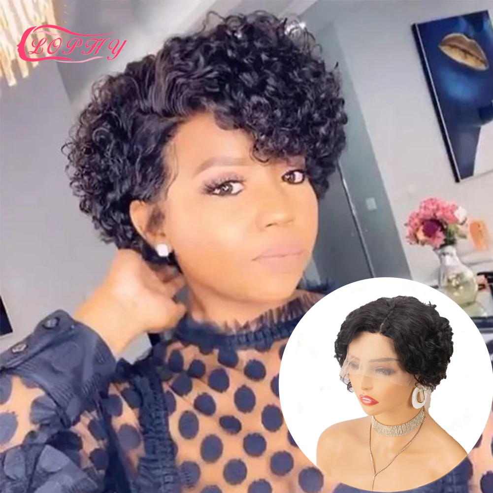 

Curly Wigs Short Pixie Cut Human Hair For Women Natural Black Remy Hair 150% Density Cheap Lace Side Part Human Wigs