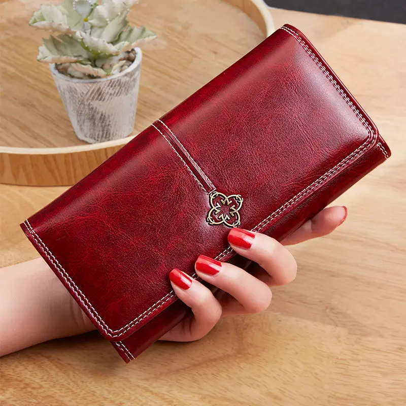 

2020 New Women's Wallet Wax Oil Skin Purse Portfel Damski Lady Long Leather Clutch Bag Card Holder Carteira Feminina