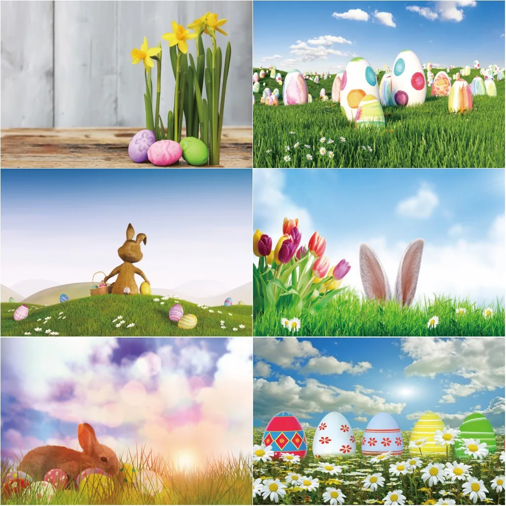 

Vinyl Wood Backdrops Baby Cartoon Happy Easter Day Rabbit Flowers Eggs Grass Poster Photographic Background for Photo Studio
