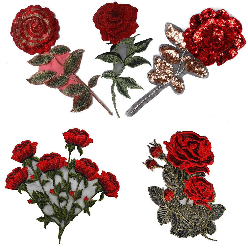 2 шт. большая вышивка с красными и зелеными розами Аппликации кружево ткань