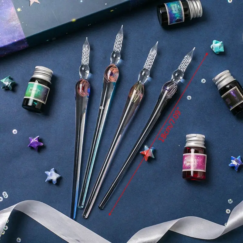 

1Set Planet Theme Dip Pen 4 Color Ink Kit Glass Pen Painting Pen Student Stationery Writing Supplies Gifts