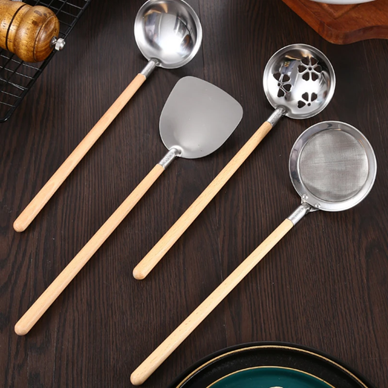 Кухонная утварь с деревянной ручкой кухонная нержавеющая сталь Золотая