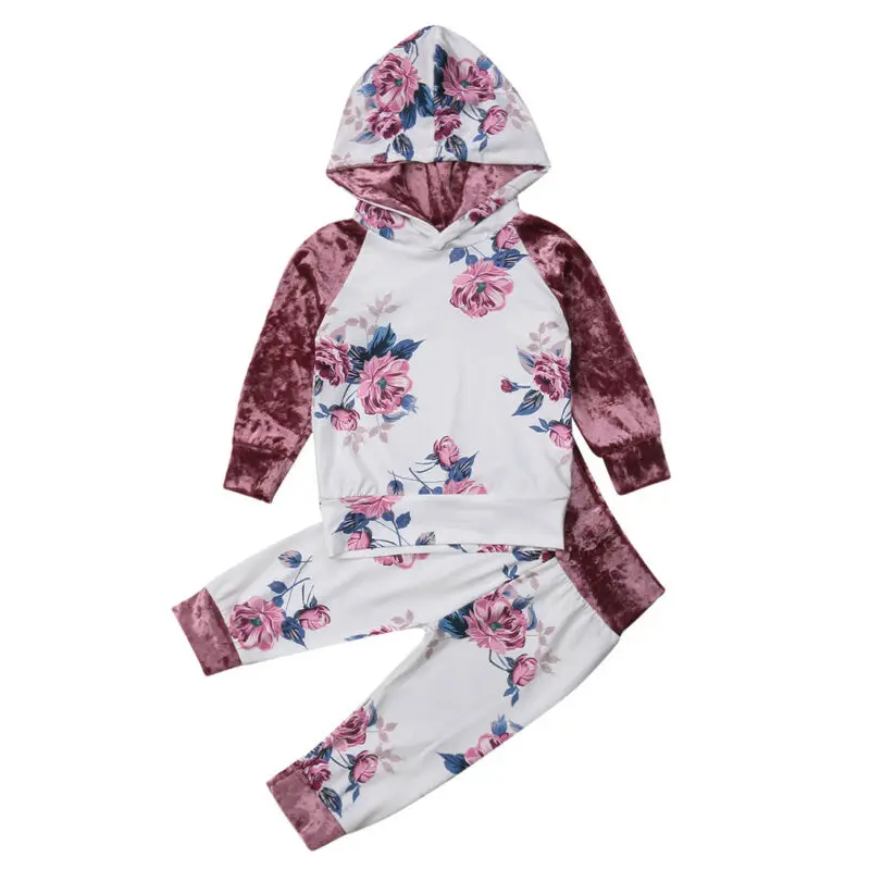 2 шт. бархатный Цветочный комплект одежды для девочек футболка с капюшоном и