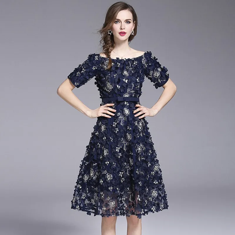 

Summer Runway Butterfly Appliques Floral Embroidered Fashion Mesh Short Sleeve Slash Neck Blue Princess Elegant Midi Dresses