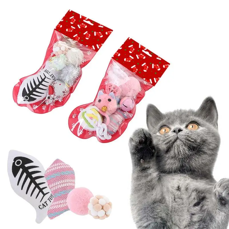 

6 Pcs Christmas Cat Toy Sets Interactive Cat Chewing Toy Plush Kitten Teasing Playing Ball For Indoor Pet Toy Kits Accessories