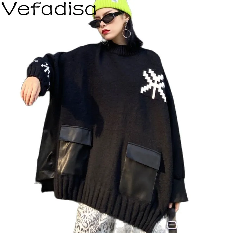 

Vefdisa Vintage Hong Kong Style Print Pocket Decorative Pullover Sweater Fashion Autumn Winter Black Pullover Sweater TT464