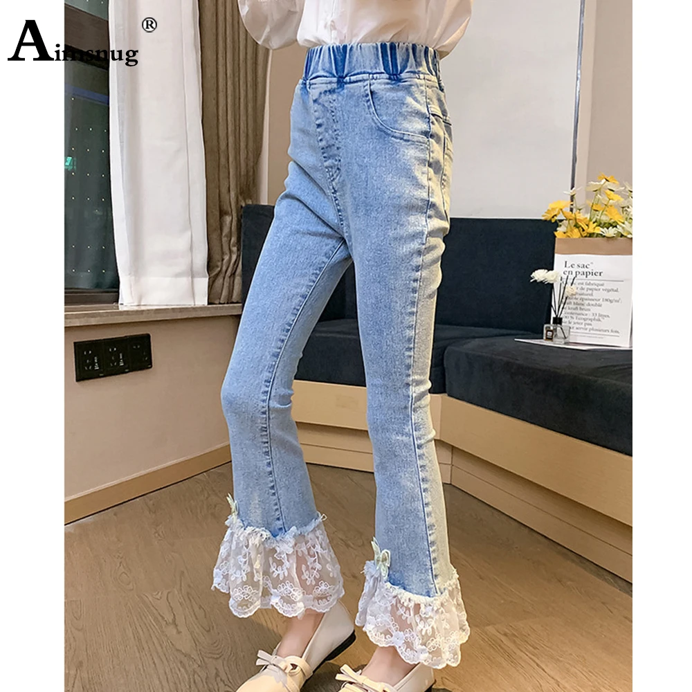 

Детская одежда из джинсовой ткани, брюки с вырезами на талии, уличная одежда, осень 2021, кружевные брюки в стиле пэчворк, детские джинсы, панта...