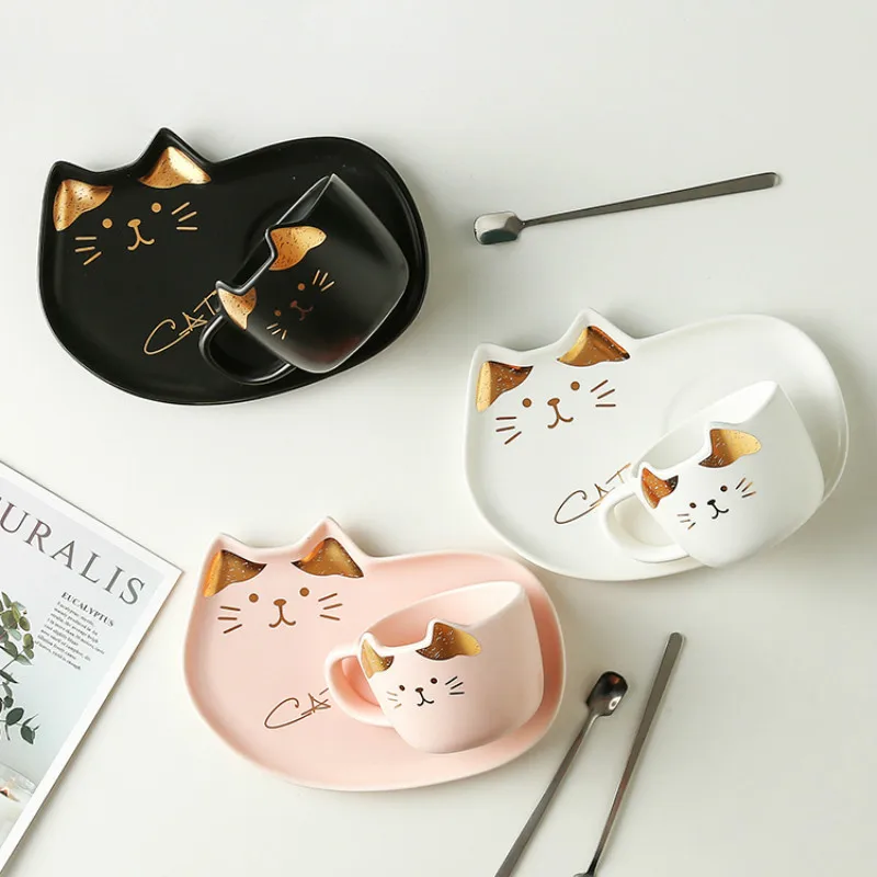 

Ceramic Coffee Cups Set with Saucer Spoon Cartoon Pet Cat Breakfast Milk Tea Mugs Bread Dessert Porcelain Dish Kitchen Drinkware