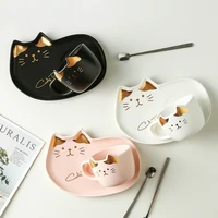 ceramic coffee cups set with saucer spoon cartoon pet cat breakfast milk tea mugs bread dessert porcelain dish kitchen drinkware
