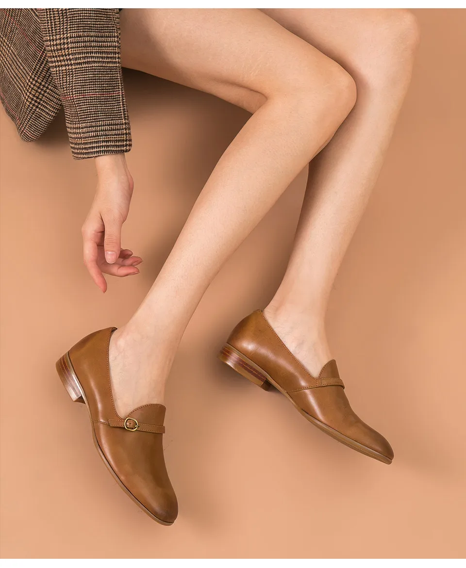 BeauToday Loafers Women Genuine Cow Leather Round Toe Buckle Ladies Slip-On Casual Flat Shoes Handmade 27159