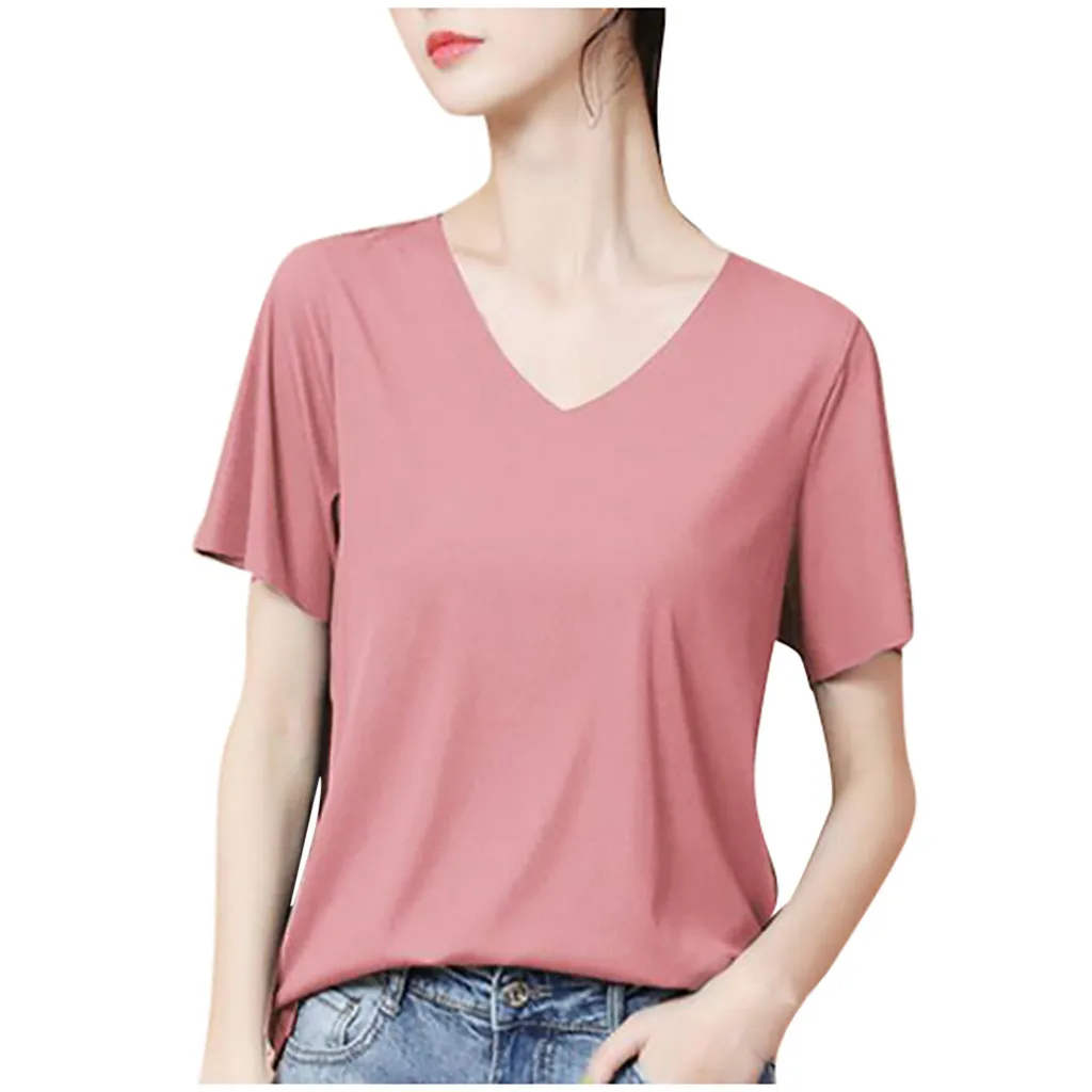 Футболка женская однотонная с V-образным вырезом и коротким рукавом | Женская