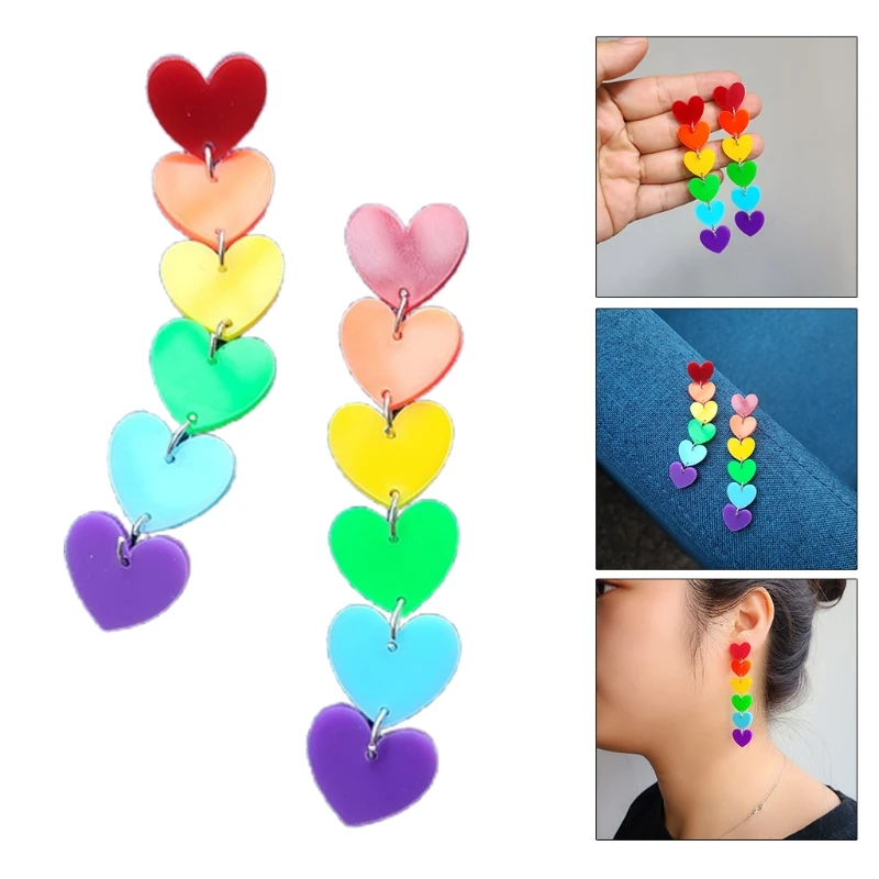

Fashion Rainbow Long Tassel Acrylic Earrings Peach Heart Exaggerated Pendants 83XF