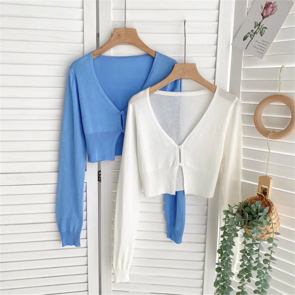 

Women Thin Knitted Cardigan Crop Top Fashion Autumn Long Sleeve T Shirts Cropped Tops Korea Cardigans Sweater Female Clothing