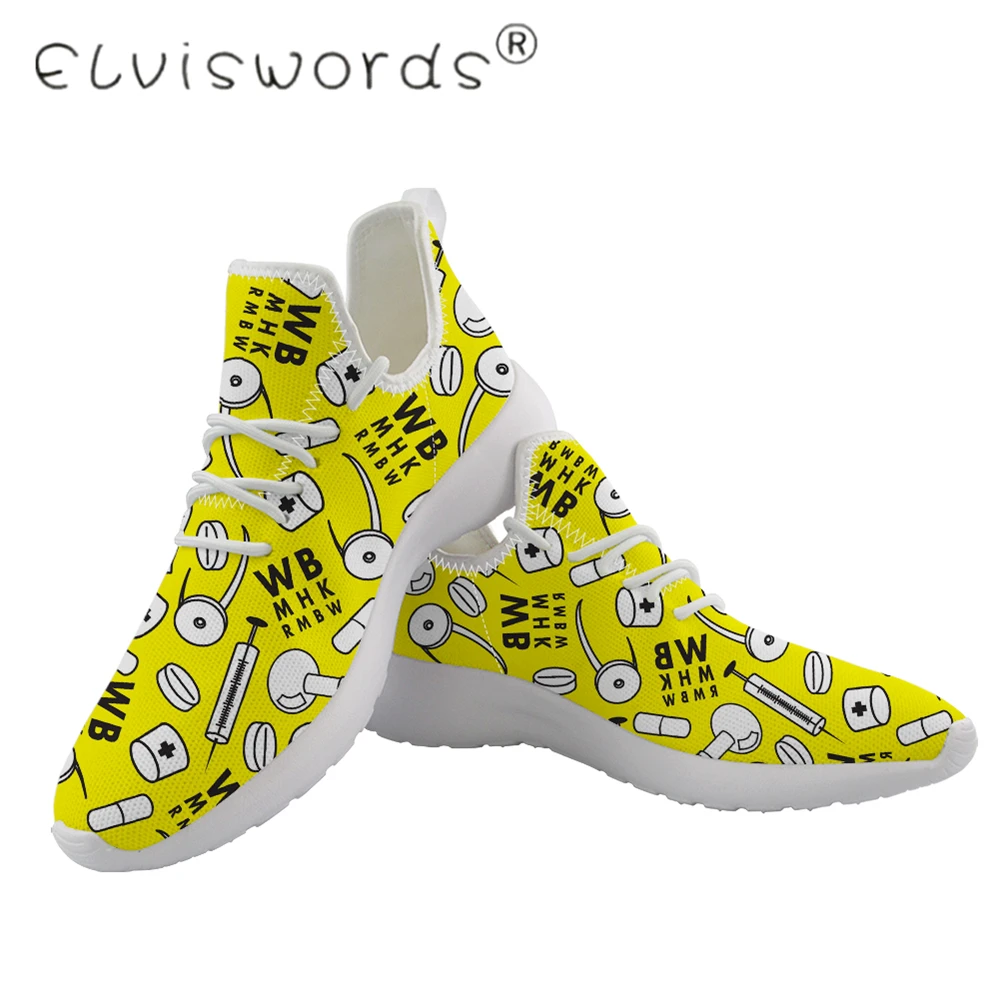 Женские вязаные кроссовки ELVISWORDS сетчатые желтые/зеленые с принтом медсестры