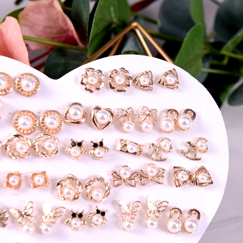 

Butterfly Simulated Pearl Stud Earrings Set for Women 36 Pairs/lot Mixed Style Metal Gold Color Girl earring Jewelry Gifts