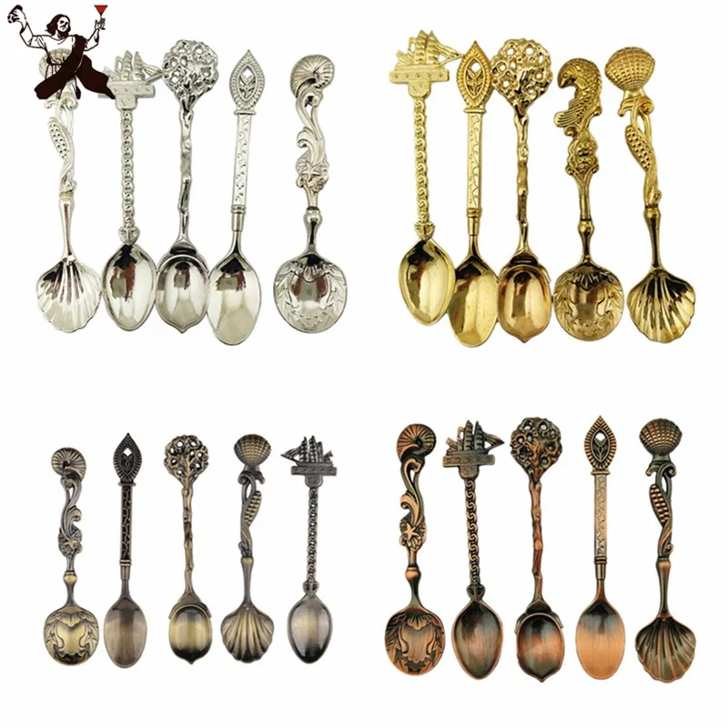 

5pieces/Set Alloy Vintage Royal Style Carved Small Coffee Spoon Flatware Cutlery Kitchen Dining Bar Tool