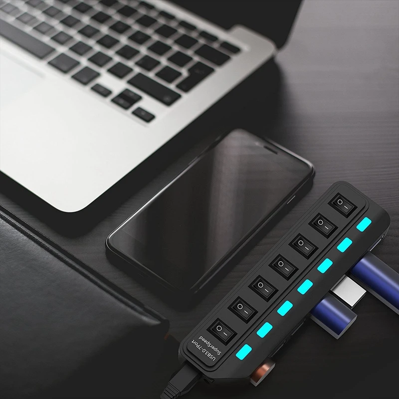 

USB Hub 3.0 Splitter,7 Port USB Data Hub with Individual On/Off Switches and Lights for Laptop, PC, Computer