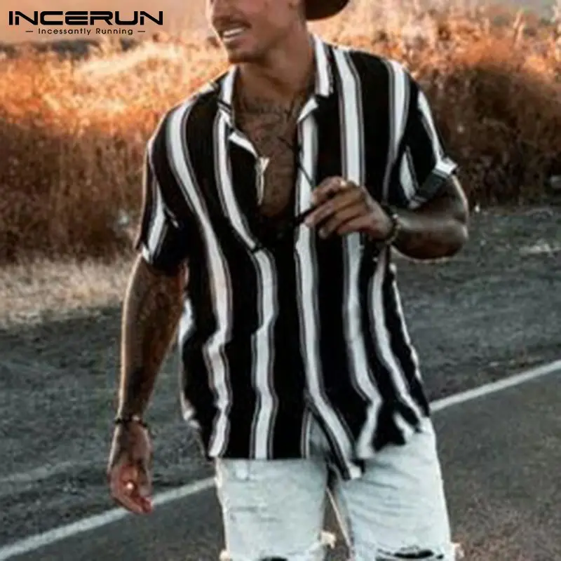 

2021 Men Striped Shirt Short Sleeve Lapel Breathable Casual Hawaiian Shirts Button Streetwear Summer Leisure Camisas 3XL INCERUN