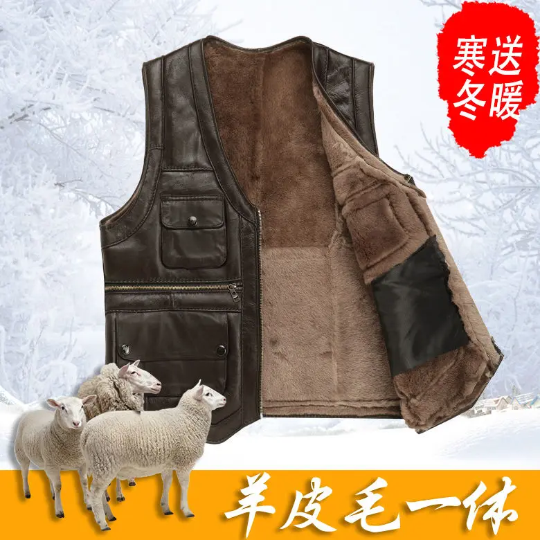 2021 Men's Leather Vest Full-Grain Sheepskin Autumn and Winter Multi-Pocket Casual Fur Integrated Warm | Мужская одежда