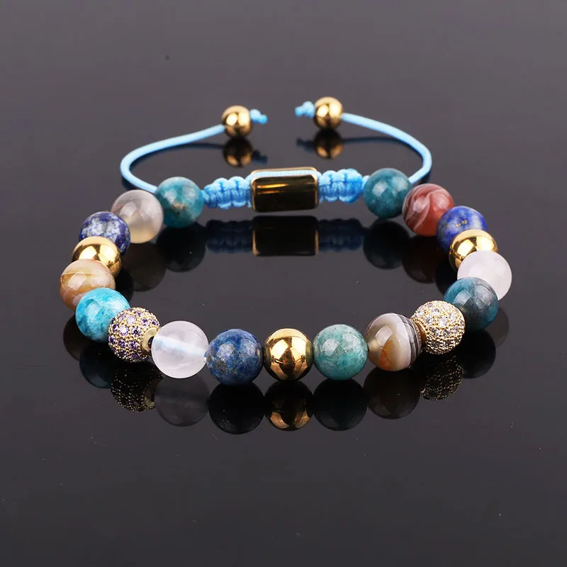 

Jaravvi High Quality 8mm Natural Stone Apatite Blue Lapis Braided Friendship Adjustable Bracelet Women