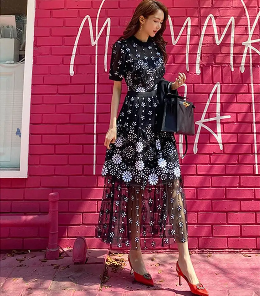 

2021 новый для подиума летние платье Self Portrait для женщин, с короткими рукавами, с вышивкой, кружевное платье с цветочным рисунком в винтажном ст...